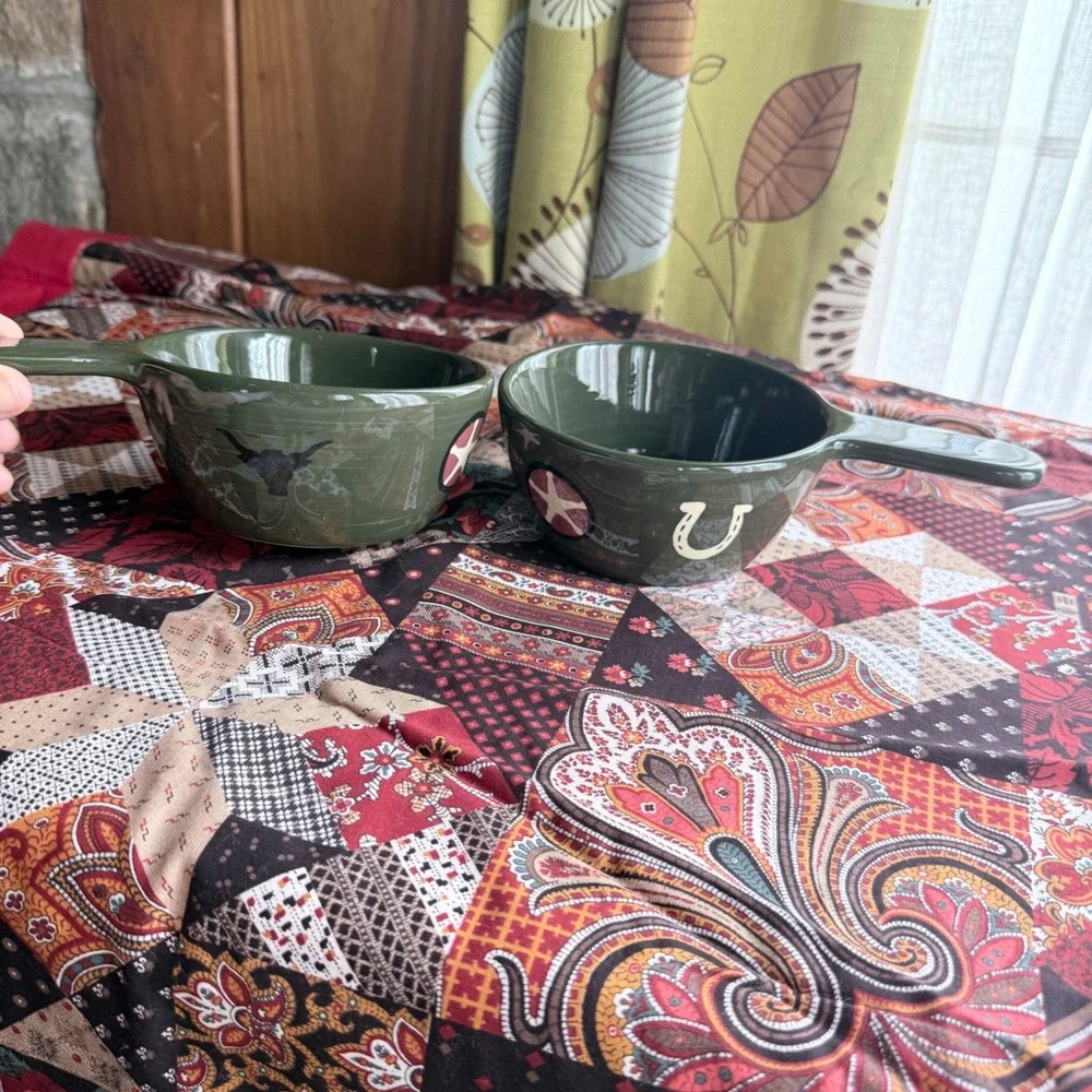 Sonoma Happy Trails Western 3 Pc Set - 2 Handled Soup Bowls & Wall Plaque Trivet